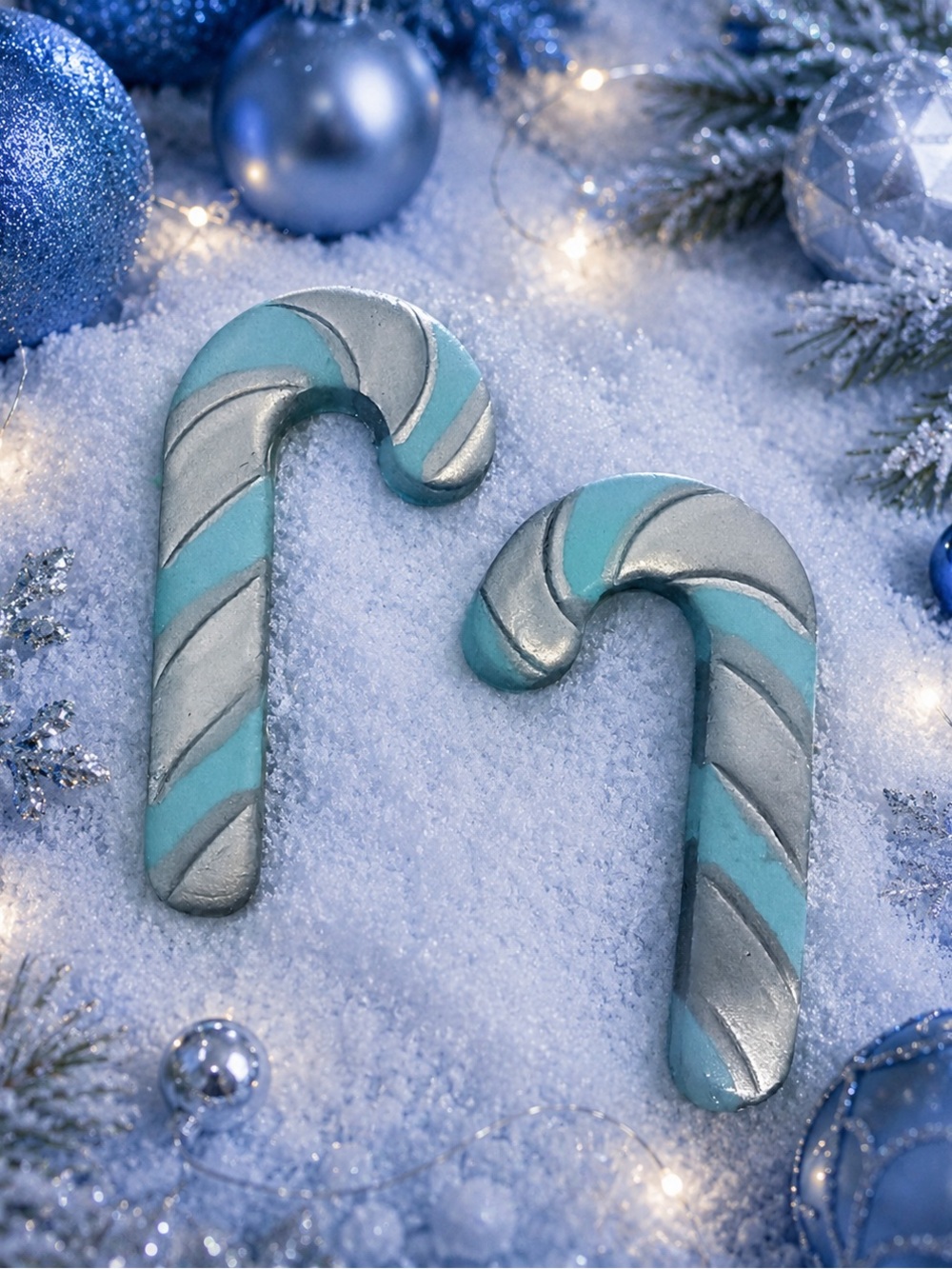 Blue & Silver Candy Cane Handmade Polymer Clay Earrings
